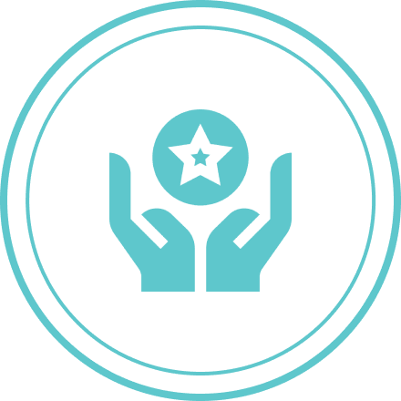 Group 1321316669 A blue icon of two hands holding a star.